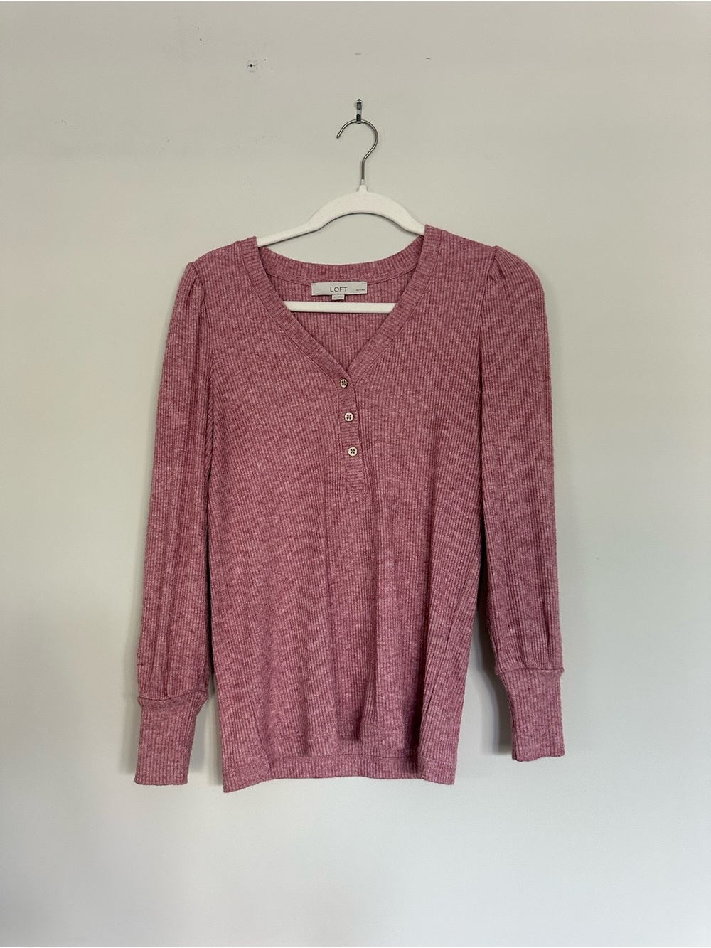 LOFT Pink Ribbed V-Neck Henley Long-Sleeve Top